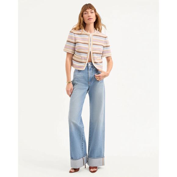 VERONICA BEARD Wyatt Khaki Multicolor Striped Short Sleeve Jacket - Picture 3 of 12